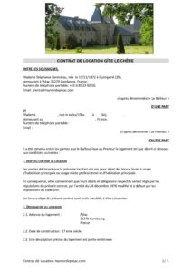 Le Manoir de Pleac Modèle Contrat de location du Gîte Le Chêne 2020